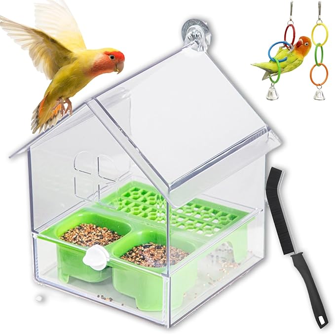 Pull-Out External Parrot Feeder, Clear Hanging Bird Feeder House, No Mess Bird Feeders for Cage, Birds Feeding & Watering Supplies for Parakeet Canary Cockatiel Finch (Green)