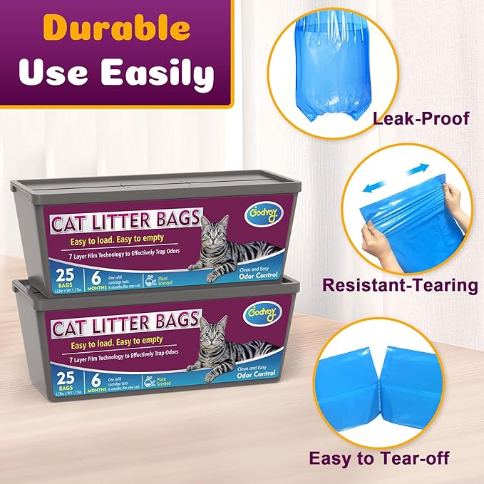 Cat Litter Refill Bags Compatible with Genie Easy Roll Litter Bin, 50 Count Bags Long Lasting Cat Bag Cartridge, 7-Layer Odor Control, Leak-Proof & Easy Tear Design