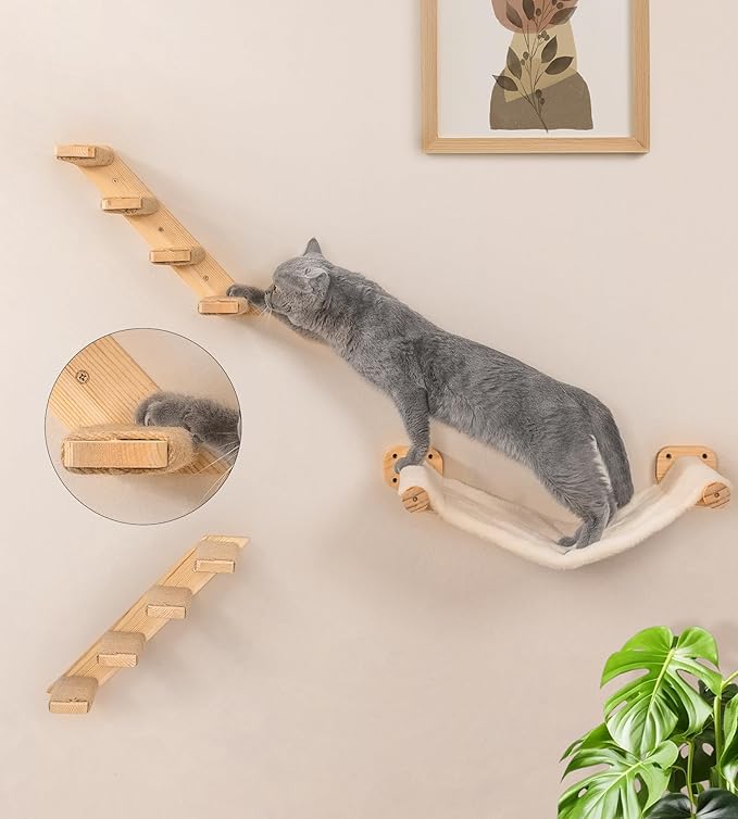 Cat Wall Hammock Set of 4 – 1 Floating Fabric Hammock, 2 Ladders with 4 Steps Each & 1 Flat Shelf – Wall Mounted Cat Bed Furniture Indoor Playground