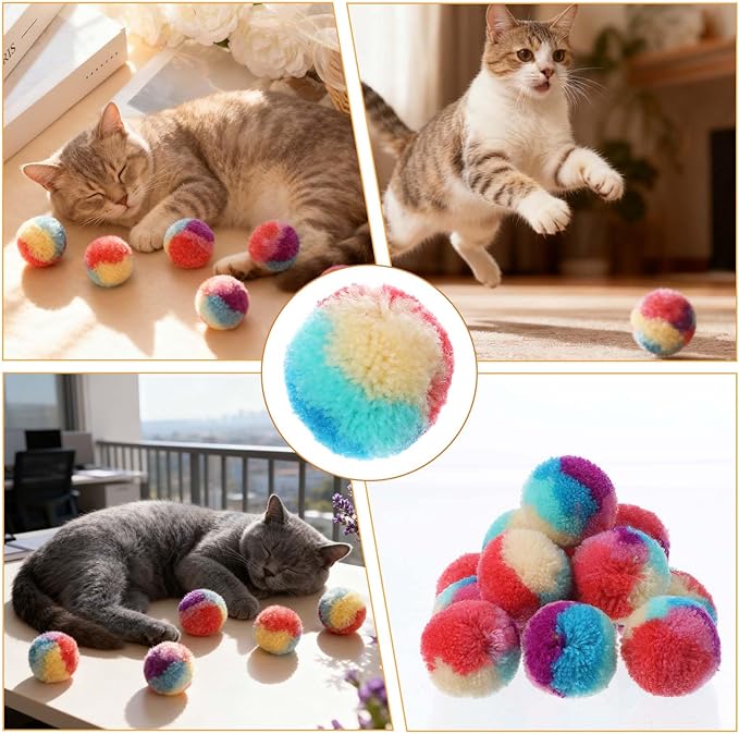 Xindojuz 20 PCS Cat Pom Pom Balls, Assorted Color Fur Toy Kitty Yarn Puffs, Small Plush Interactive Soft Fuzzy Kitty Toy Balls for Indoor Pet Cat Kitten Teething, Chasing & Self Play, 0.98 Inch