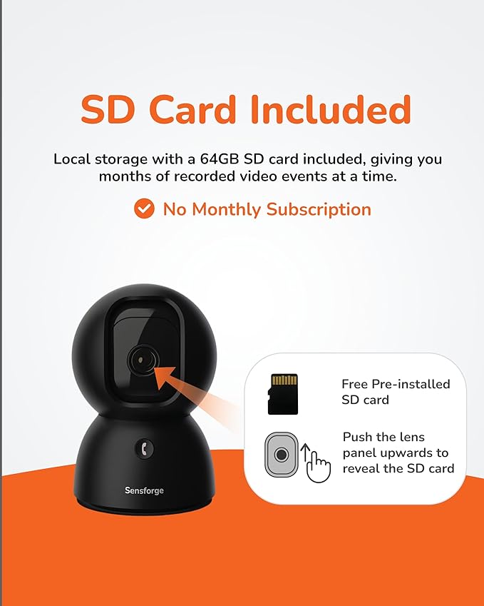 Sensforge 2.5K Indoor Pan-Tilt Dome Security Camera, AI Human & Pet Detection, 360° Coverage, Two-Way Audio, Dual-Band Wi-Fi (2.4G/5G), 64GB SD Card Included, No Monthly Fees (1, Black)