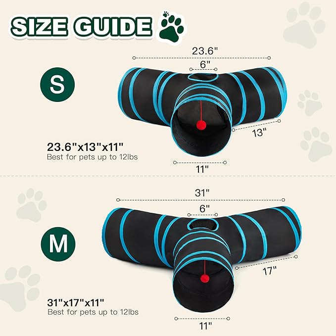 Love’s Cabin Cat Tunnel for Indoor Cats, 3-Way Collapsible Play Tunnel with Teaser Wand, Peek Holes & Toy Ball, Small Pet Toy for Kittens & Rabbits, Black & Blue, Medium Size