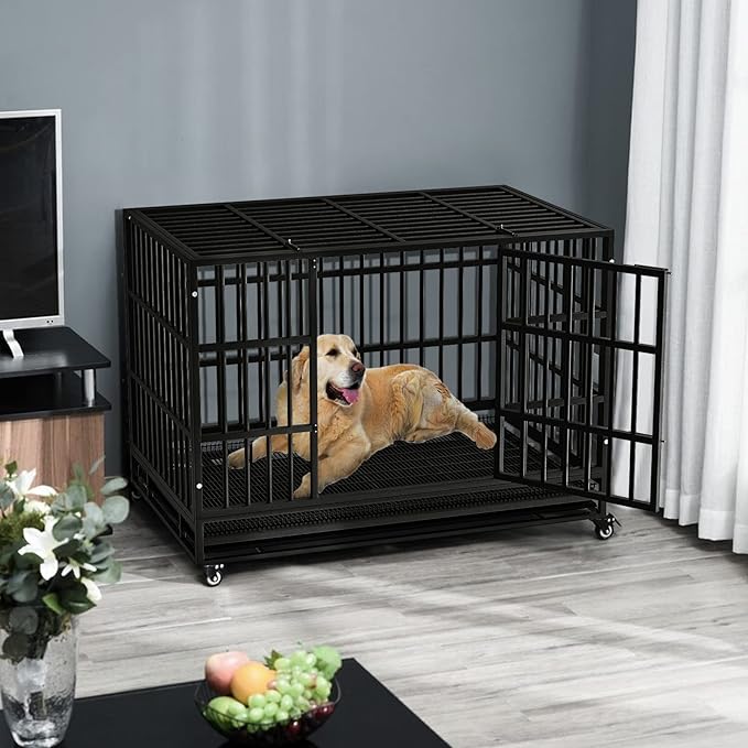 LEMBERI 48 Inch Heavy Duty Indestructible Dog Crate, Escape Proof Double Door Dog Kennel with Lockable Wheels, High Anxiety Extra Large Dog Cage Indoor Use, with Removable Tray