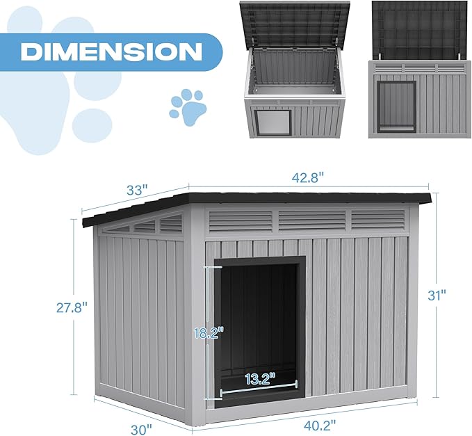 Fancyango Large Weatherproof Dog House with Removable Roof for Indoor & Outdoor Use - Spacious (42.8" L x 33" W x 31.5" H) Classic Grey