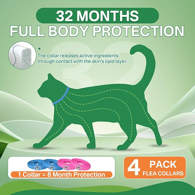 Flea Collar for Cats 4 Pack, Natural Cat Flea and Tick Prevention Collar, 32-Month Full Protection, Adjustable Cat Flea and Tick for Kittens and Cats, Waterproof, 2 Pink & 2 Blue