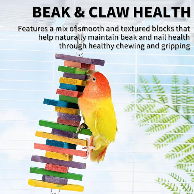2 PCS 9.84" Multicolored Bird Toys - Stress Relief Chew Parrot Toys, Natural Wooden Blocks, Hanging Bird Cage Accessories, for Parakeets Cockatiels Conures Budgies African Grey Macaws Amazon Parrots