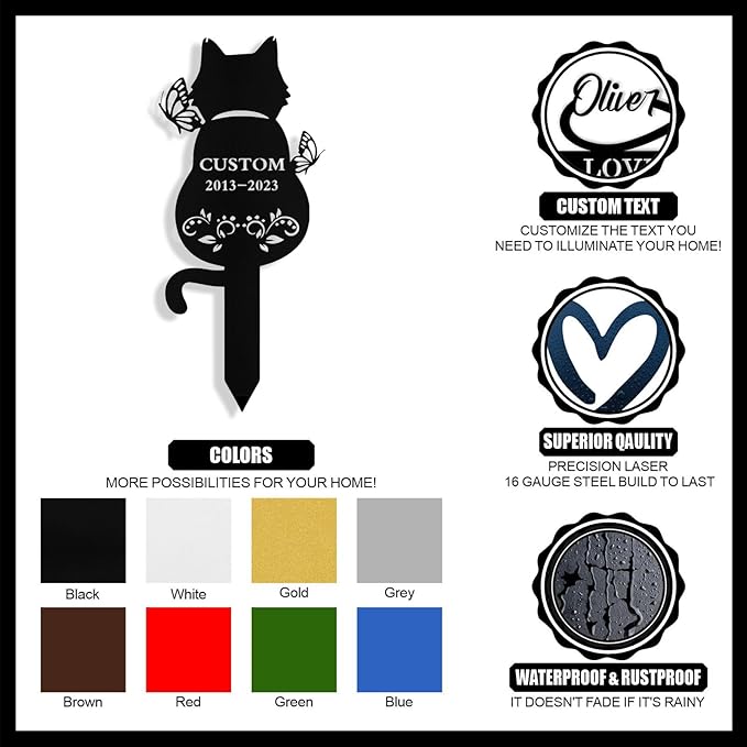 Custom Cat Grave Marker Outdoor, Personalized Metal Cat Memorial Grave Stake with Name and Date, Outdoor Waterrproof Cats Memorial Plaque