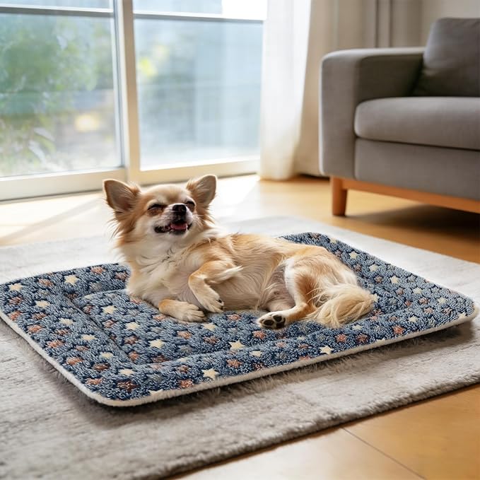 Mora Pets Dog Bed Crate Pad Ultra Soft Pet Bed with Cute Star Print Washable Crate Mat for Large Medium Small Dogs Reversible Fleece Dog Crate Kennel Mat Cat Bed Liner 21 x 12 inch Dark Blue