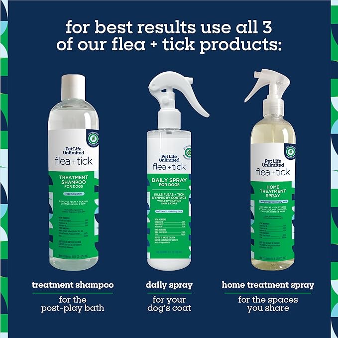 Pet Life Unlimited Natural Flea & Tick 3-Step Kit for Dogs, Plant-Based Prevention and Treatment, Includes Dog Spray, Home Spray & Shampoo, Kill & Repel Fleas, Ticks & Eggs, Soothes Skin