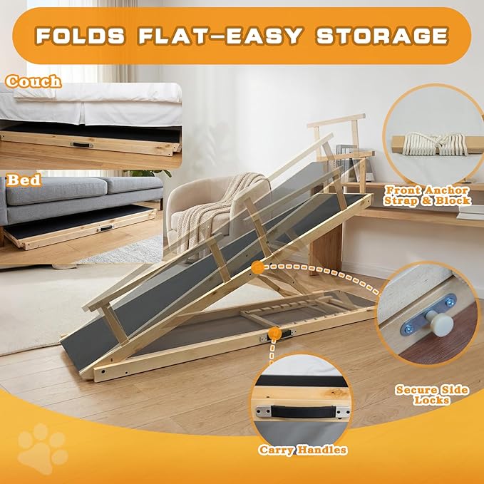 7 Adjustable Dog Ramp for Bed, Couch - 63" Foldable Birchwood Dog Ramp with Safety Rails, Non-Slip EVA Surface & DIY Glow in The Dark Strips, Wooden Pet Ramp for Large Dogs Supports 250Lbs