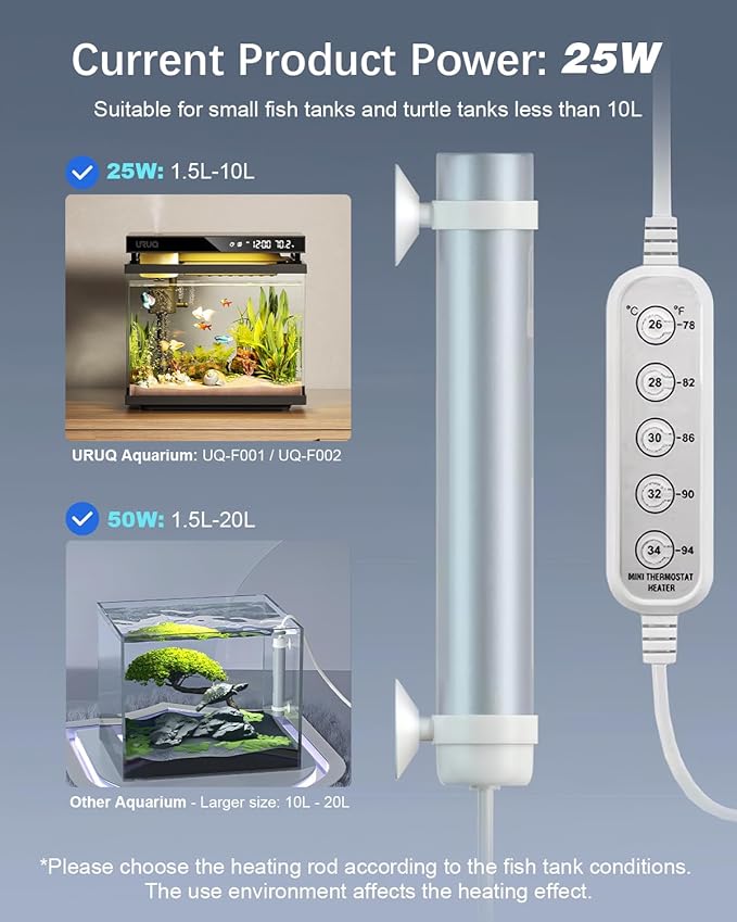 2 Gal Fish Tank Betta Aquarium Kit Black & 25W Aquarium Heater