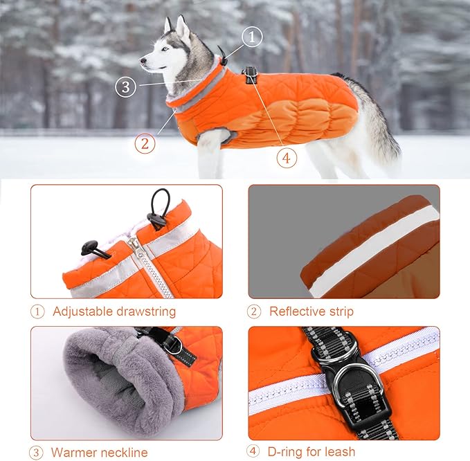 Lelepet Dog Coat Warm Dog Winter Coat Waterproof Dogs Jacket with Harness Built in Reflective Pet Fleece Vest Zip-Up Cold Weather Coats for Large Dogs Turtleneck Windproof Coats Boxer Blaze Orange XL