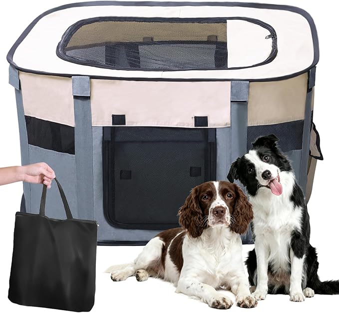 Dog Playpen,Pet Playpen,Foldable Puppy Cat Playpen, Dog Playpen for Indoor Dogs Enclosed, Outdoor Travel Camping Use, Dog Kennel Tent Crate for Rabbit Small Animals with Carrying Case (Grey, L)