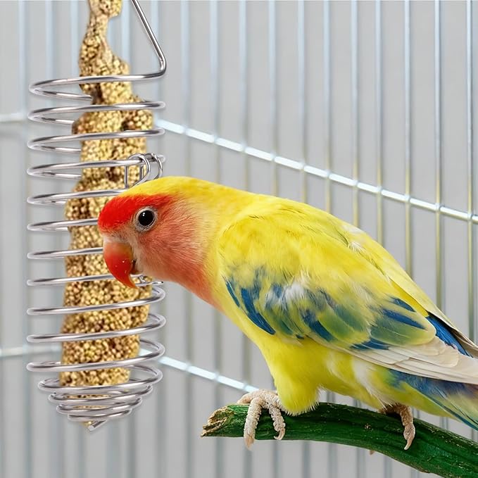 Bird Treats Holder, Stainless Steel Parrot Food Holder Hanging Basket Cage Accessories Bird Foraging Chew Toy Corn Cob Fruit Vegetable Millet Feeder for Macaw Cockatoo Parakeet Canary