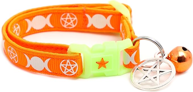 Wicca Cat Collar with Occult Charm & Bell | Witch’s Familiar Cat Collar | Witch Kitten Collar Charms | Glow in The Dark | Safety Breakaway Collar (Small(10lbs & Less), Orange)