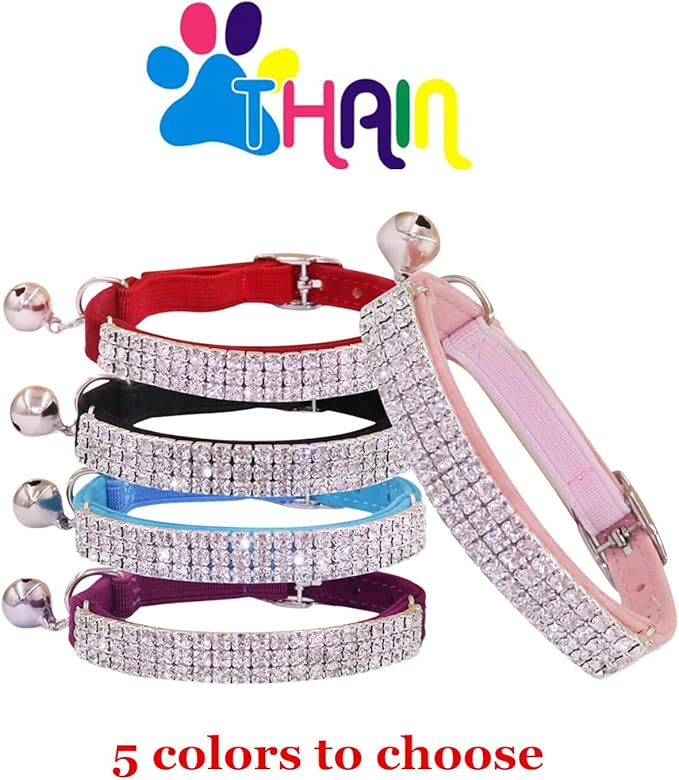 THAIN Rhinestones Cat Dog Collar Soft Velvet Safe Adjustable Collar Bling Diamante with Bells, 8-11 inch for Small Dogs and Cats (Pink+Black)