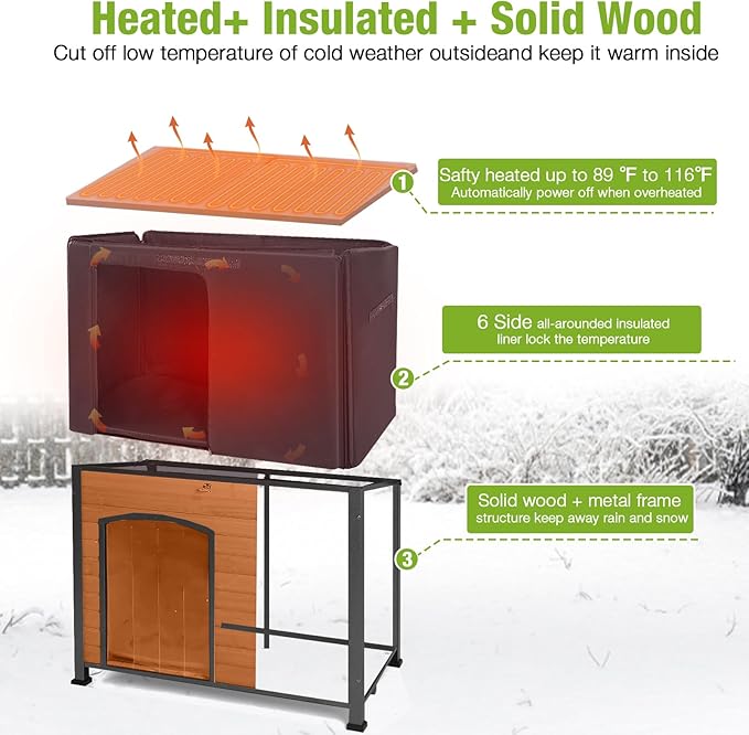 GUTINNEEN Large Heated Dog House Outdoor 43.3" L Insulated Winter Dog Kennel with Metal Frame for Medium to Large Dogs Outside with Heater and Insulated Liner for Winter, Brown