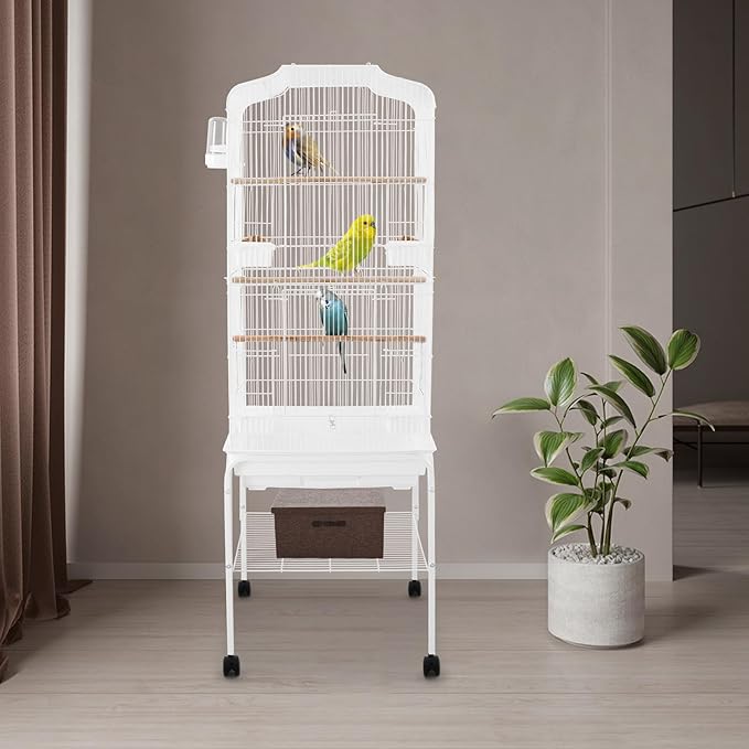 Large Bird Cage with Wheels, Budgie Cage with Bottom Storage Shelf, 54in Tall Bird Cages for Parakeets, Parrot, Cockatiel, Pull-Out Tray&Mesh Bottom (White)