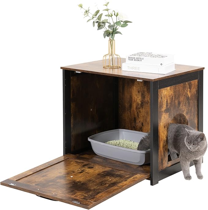 Dwanton Cat Litter Box Furniture Hidden, Cat Litter Box Enclosure, Reversible Entrance Can Be on Left or Right Side, Indoor Cabinet, Wooden Washroom, End Table, Nightstand, Rustic Brown, 23.6" L