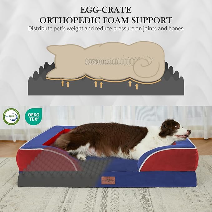 Comfort Expression Orthopedic Dog Bed for Extra Large Dogs 45x35 Inch, Waterproof Egg Crate Foam XL Pet Bed with Removable Bolsters, Dog Couch with Washable Cover & Non-Slip Bottom, Classic Tri-Color