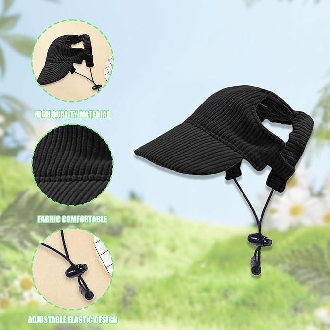 Dog Baseball Cap, Dog Cat Summer Beach Visor Hat with Ear Holes, Adjustable Puppy Sunbonnet Headdress (Black, Medium)