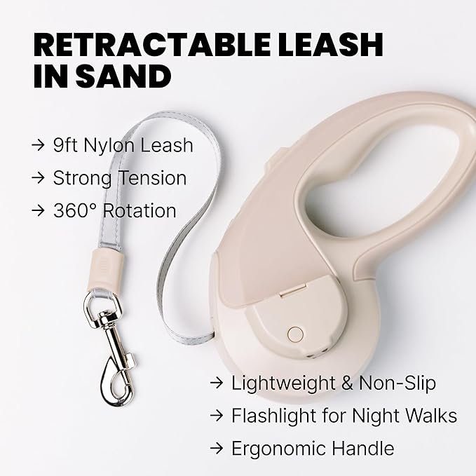 MalsiPree Complete Dog Walking Set - 9.8ft Retractable Leash Set with 20 Poop Bag and Dispenser, Leakproof Dog Water Bottle 12oz & Flashlight - Essential Walking Accessory for Small to Medium Dogs