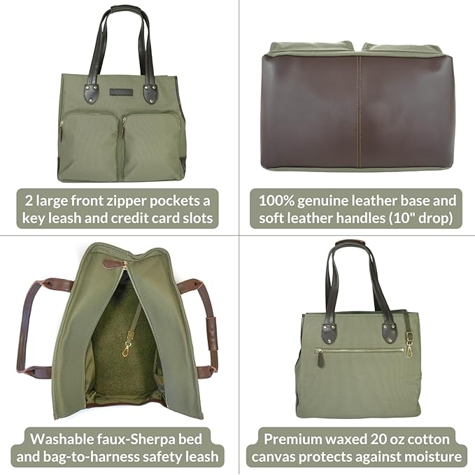 DJANGO Waxed Canvas & Leather Dog Carrier Tote Bag – Premium Soft-Sided Travel Dog Purse with Safety Leash, WR Lining, Zipper Pockets – Everyday Pet Carrier for Small Dogs up to 20 lbs (Olive, Large)