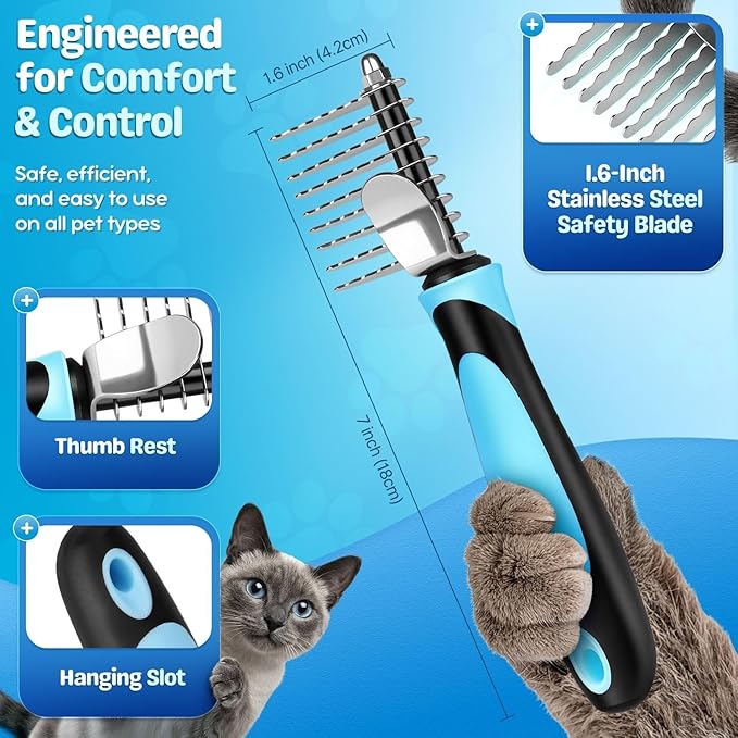 Flexzion Dogs Dematting Comb, Stainless Steel Blades Rakes, for Pets Cats Animals Matted Knotted Hair, Brush Cutting Removing Grooming Tool with Smooth Teeth Needle - Black & Blue Handle