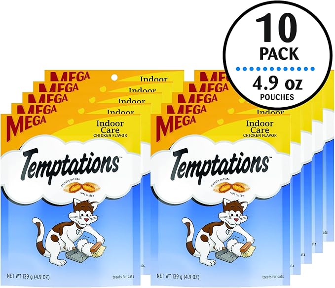 Temptations Cat Treats Indoor Care, Classic Crunchy and Soft Cat Treats, Tasty Chicken Flavor, 4.9 oz. Pouch (Pack of 10)