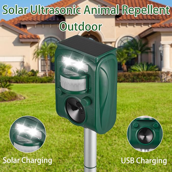 Solar Ultrasonic Animal Repellent Outdoor, Squirrel Deer Repellent Devices Motion Detection,IP65 Waterproof Cat Mouse Raccoon Dog Bird Repellent Deterrent 2 Pack