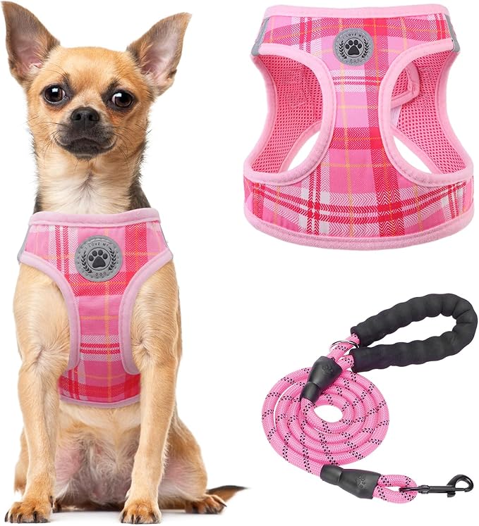 BEAUTYZOO Small Dog Harness and Leash Set, Step in No Choke No Pull Soft Mesh Dog Harnesses Reflective for Small Medium Puppy Dogs and Cats, Plaid Dog Vest Harness for S M Pets, Light Pink L