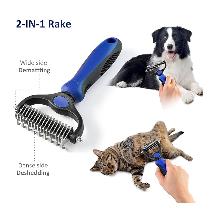 WePet Grooming Rake for Dogs & Cats, Double-Sided Deshedding Brush, Extra-Wide Dematting Tool, Slicker Comb for Undercoat & Loose Hair Removal, Reduces Shedding by 95%, Blue, Large