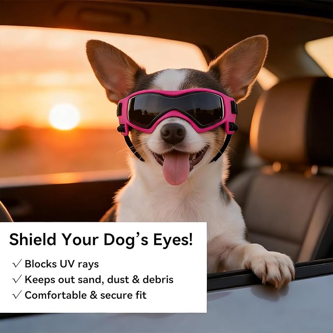 Dog Sunglasses for Extra Small Breed UV Protection Windproof XS Dog Goggles with Adjustable Head & Chin Straps for Ride Car/Hiking Travel/On Beach-Pink