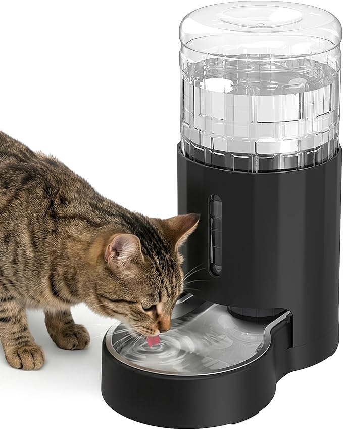 Cat Water Dispenser with Stainless Steel Bowl, Automatic Gravity Water Dispenser for Cats or Small Medium Size Dogs, Large Capacity, Easy to Clean and Safe for Pets (4L Black)