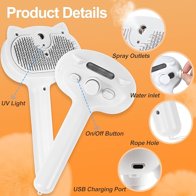 Pet Steam Brush for Dogs, 4 in 1 Cat Steam Brush for Long Short Haired, Self Cleaning Brush for Shedding, Metal Pet Misting Hair Comb with Handle for Grooming Kitten Dog(White)