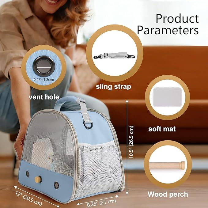Bird Carrier, Portable Small Bird Parrot Parakeet Carrier with Standing Perch and Soft Mat, Side Access Window Collapsible