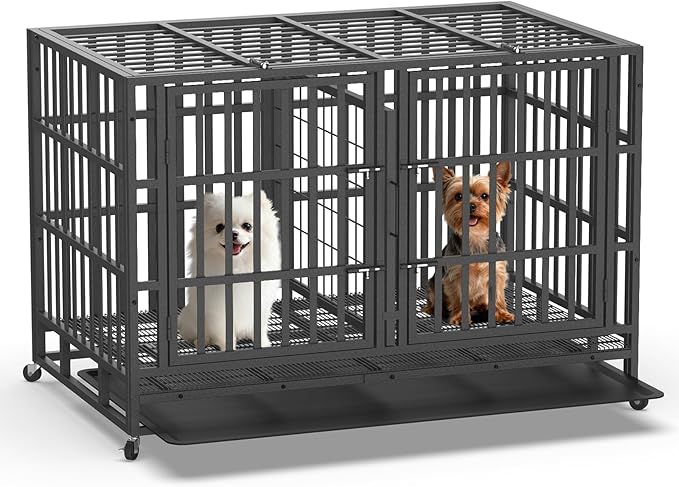 48 Inch Heavy Duty Dog Crate, Indestructible Escape-Proof Dog Kennel for High Anxiety Large Dogs, Strong Metal Pet Cage with Double Doors, Lockable Wheels & Removable Tray, XL XXL XXXL