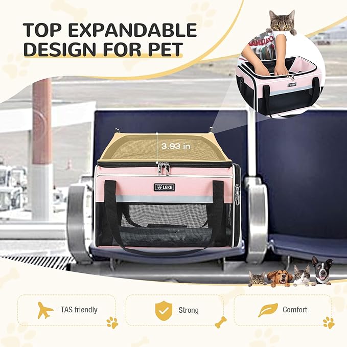 Lekereise Top-Expandable Pet Carrier 18x13x9.5 Inch Southwest Frontier Airline Approved Soft Sided Underseat to 15lbs Travel Carriers for Small Cats Dogs with Locking Safety Zippers Anti-Scratch Mesh