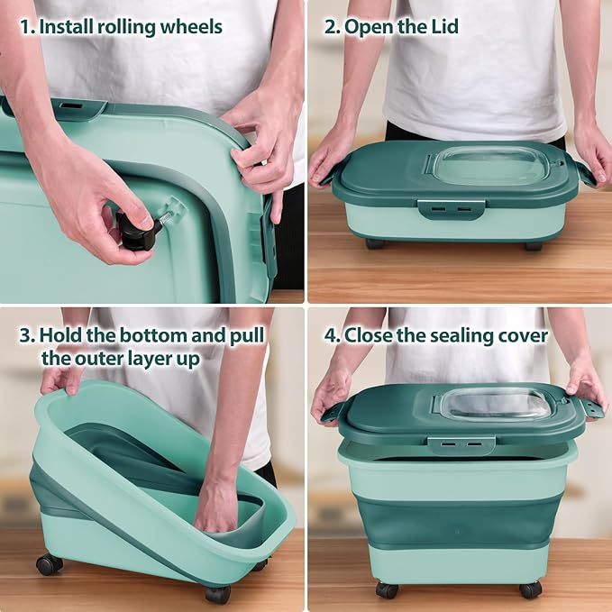 Dog Food Storage Container, 10-20Lbs Collapsible Pet Food Storage Containers with Rolling Wheel Airtight Locking Lid, Dry Food Storage Bin with Cup and Scoop,Suitable for Pet Food, Flour, Rice