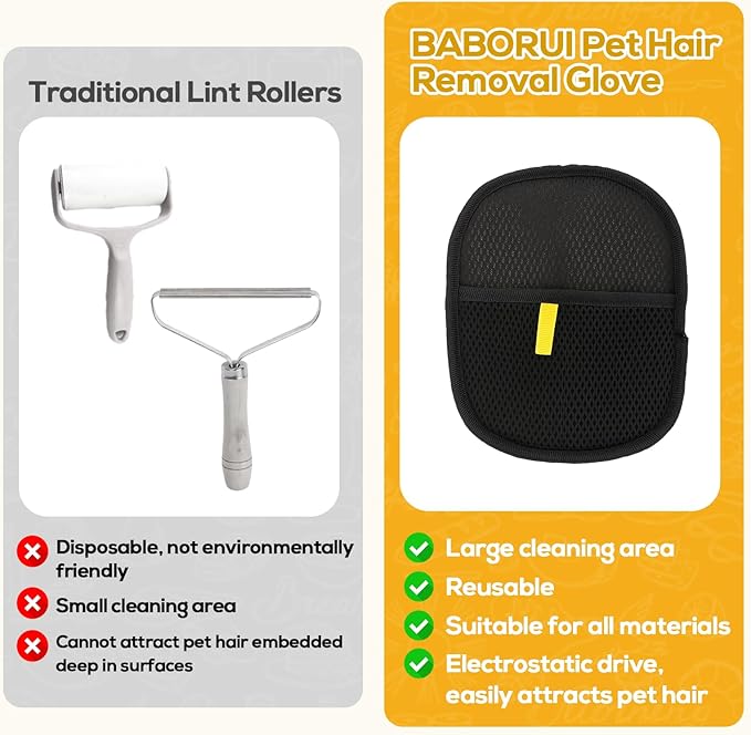 BABORUI Pet Hair Removal Glove - 2 Pack Pet Hair Remover Glove, Electrostatic Gloves Pet Hair Lint Rolls into Strips, Dog and Cat Hair Remover Tool for Furniture, Car, Couch, Carpet, Clothes