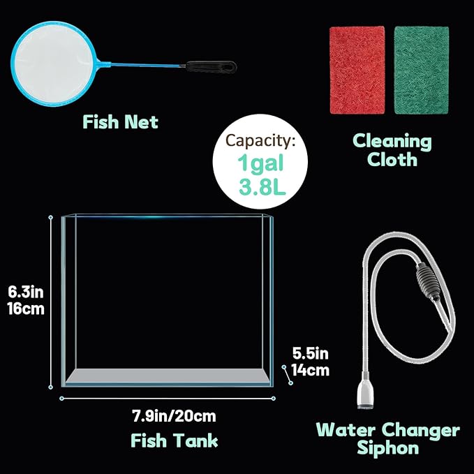 1 Gallon Fish Tank Starter Kit with Fish Net, 1 Water Changer Siphons & 2 Cleaning Cloth, Crystal Clear Glass Fish Tank, Small Fish Tank/Aquarium for Betta & Goldfish, Nice Home Décor