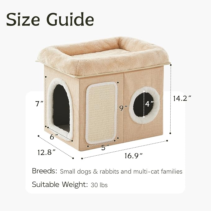 WINDRACING Cat Beds for Indoor Cats - Cat House for Pet and Foldable Cat Cave Bed with Scratch Pad, Cat Hideaway Condo for Kitten, 16.9x12.8x14.2 inches, Beige