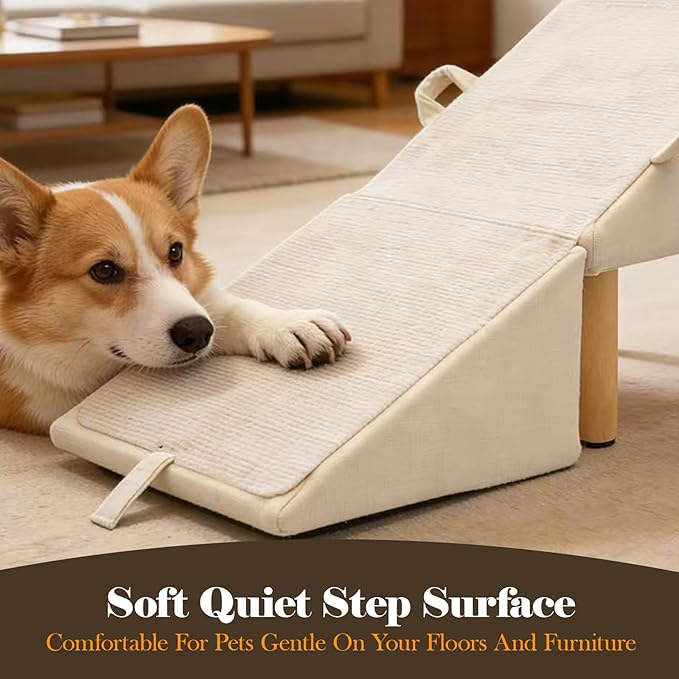 Split Ottoman Dog Ramp for Couch and Low Bed, 2-in-1 Foldable Dog Stairs for Small Dogs and Cats, Wooden Pet Ramp with Non-Slip Surface, Portable Step Stool Design, Off White