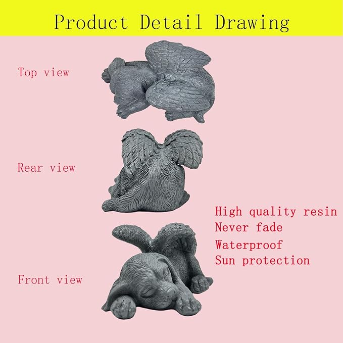 Small Dog Angel Pet Memorial Grave Marker Tribute Statue，Resin Sleeping Dog Statue with Wings for Garden,Indoor,Pet Grave Markers,and Loss of Sympathy Gift(Gray)