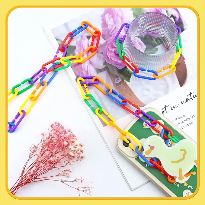 JIALEEY 100PCS Plastic Chain Links, Children's Learning Toy, Mix Color Rainbow DIY C-Clips Chains Hooks Swing Climbing Cage Toys for Bird Sugar Glider Rat Parrot