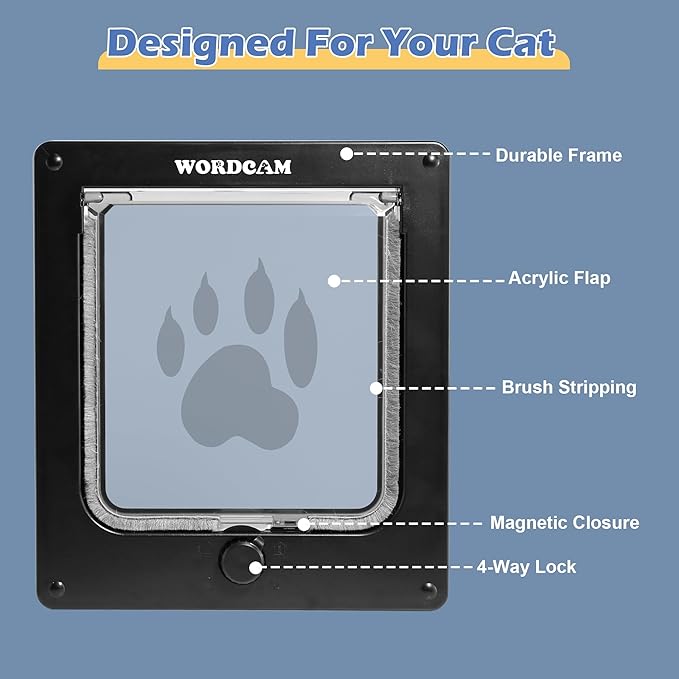 Wordcam Medium Cat Door Flap, 4 Way Locking Cat Door for Interior Exterior Doors, Pet Door for Cats Kitty Kittens Doggies, Robust, Weather-Resistant (Black, M)