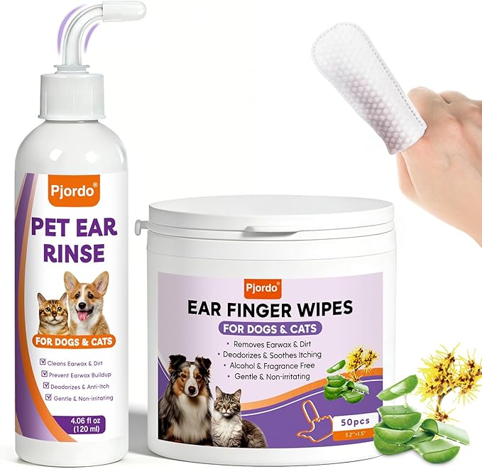 Dog Ear Cleaner Kit - Dog Ear Wash with Aloe Vera & Witch Hazel, Dog Ear Finger Wipes & Ear Cleaner Solution for Dogs and Cats, Gently Remove Ear Wax & Debris, Soothe Ear Itching, Deodorize