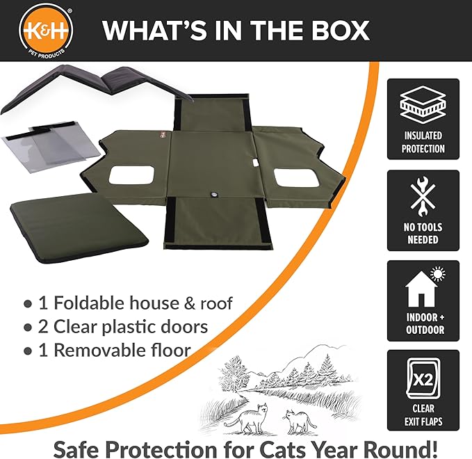 K&H Pet Products Extra-Wide Outdoor Cat House for Outside Pets, Weatherproof Outdoor House for Large Cats, Insulated Kitty Shelter, 2 Doors, Waterproof Removable Floor Pad, Unheated - Olive