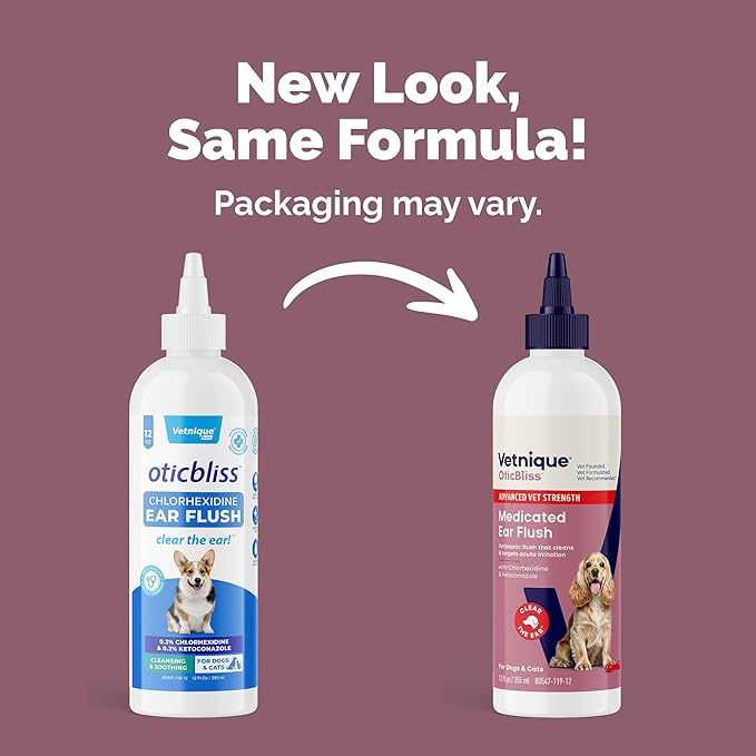 Vetnique Oticbliss Advanced Strength Medicated Dog Ear Infection Treatment, Antiseptic Ear Cleaner for Cat & Dog Ear Cleaning Solution Chlorhexidine & Ketoconazole (12oz Flush)