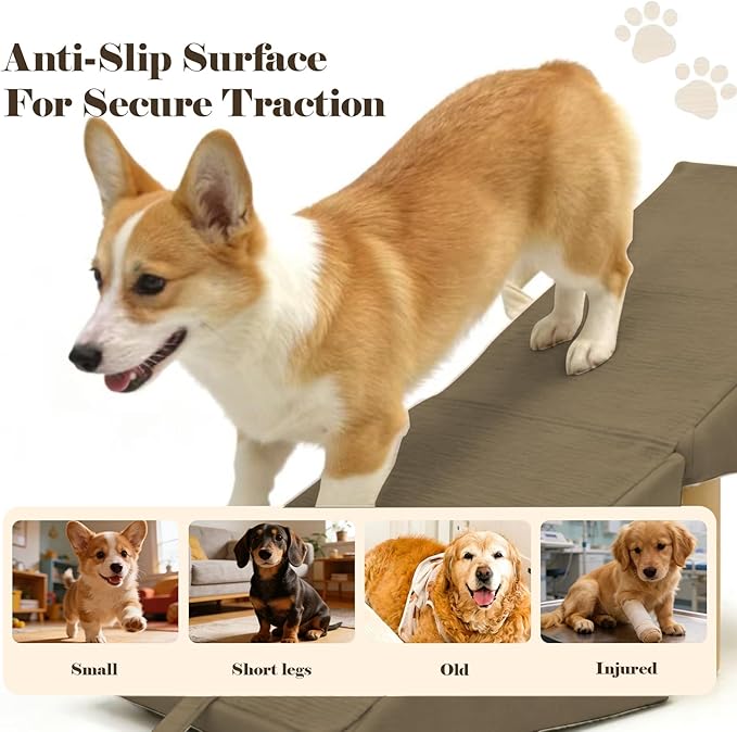 Split Ottoman Dog Ramp for Couch and Low Bed, 2-in-1 Foldable Dog Stairs for Small Dogs and Cats, Wooden Pet Ramp with Non-Slip Surface, Portable Step Stool Design. Coffee